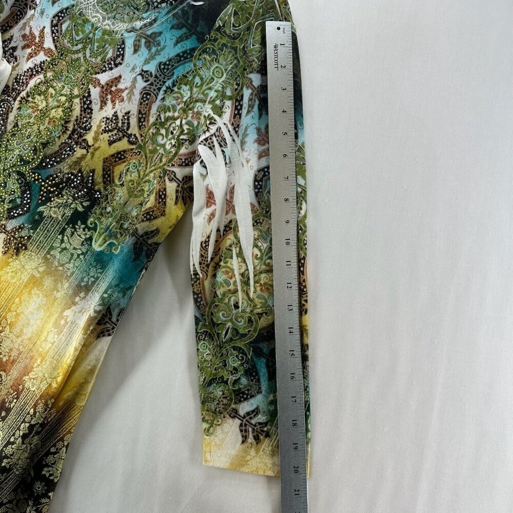 Reba Tunic Womens Sz L Burnout Ombre Lace Trim Asymmetric Long Sleeve Multicolor - Picture 9 of 10